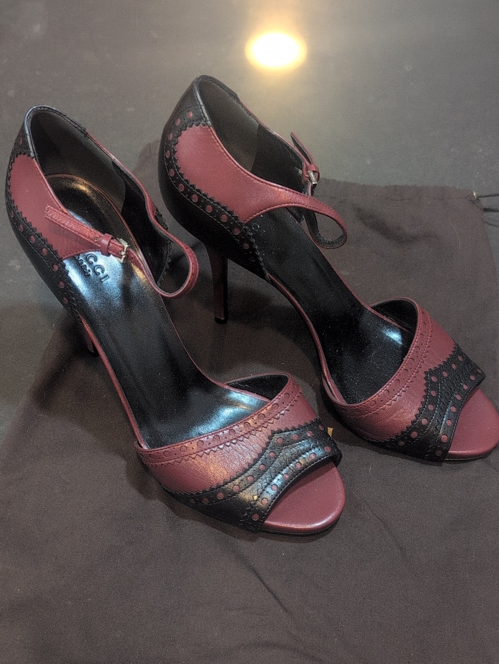 Gucci Burgundy and Black Mary Jane Peep-Toe Heels